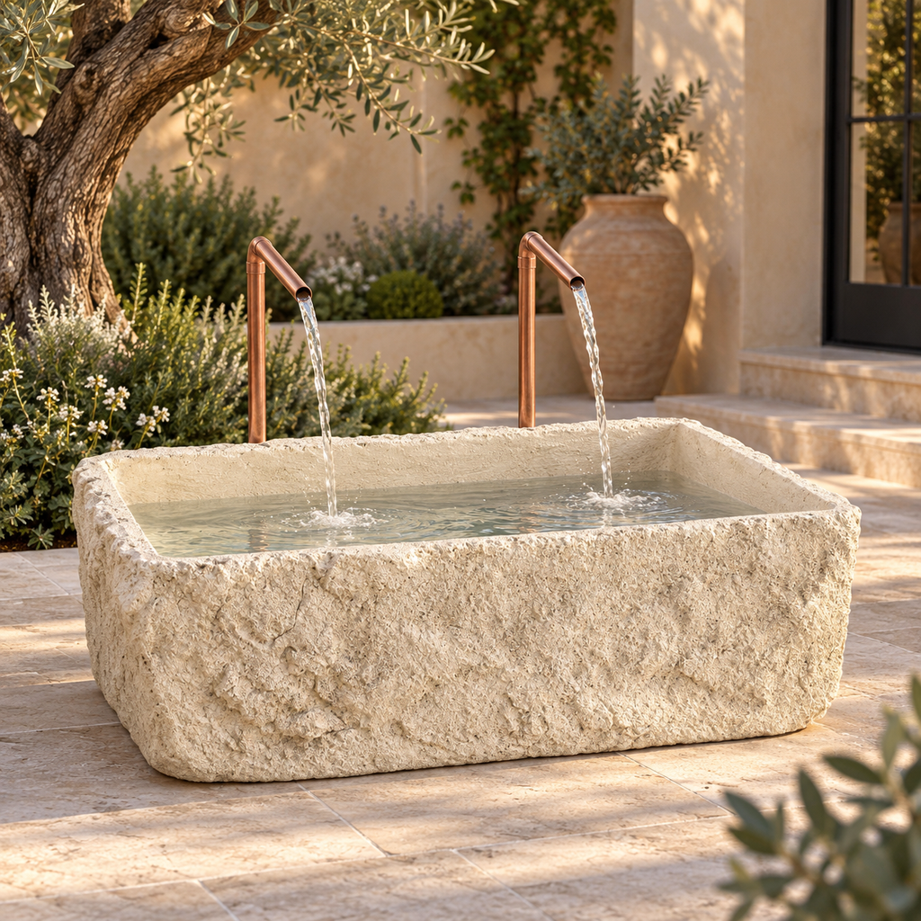 Petra Limestone-Finish Concrete Fountain with Twin Copper Spouts