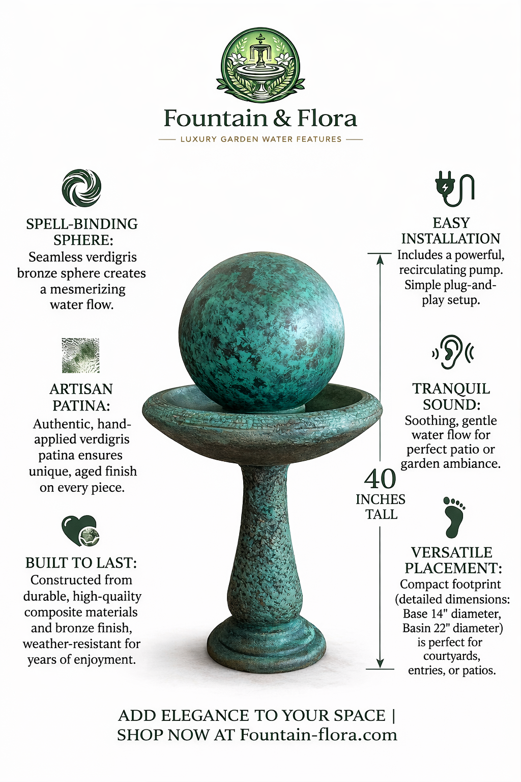 Modern Pedestal Sphere Fountain – Luxury Outdoor Statement (40”)