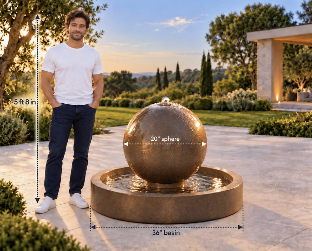 Concrete Sphere Fountain with 20" Sphere and 36" Round Basin