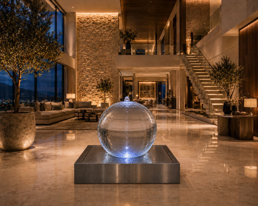 20" illuminated Acrylic Sphere Fountain with 24" Stainless Steel Basin