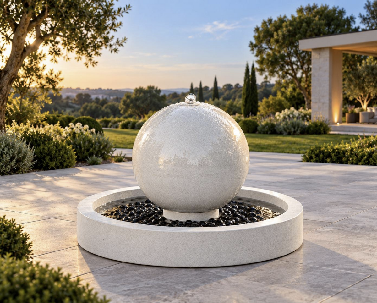 Concrete Sphere Fountain with 20" Sphere and 36" Round Basin