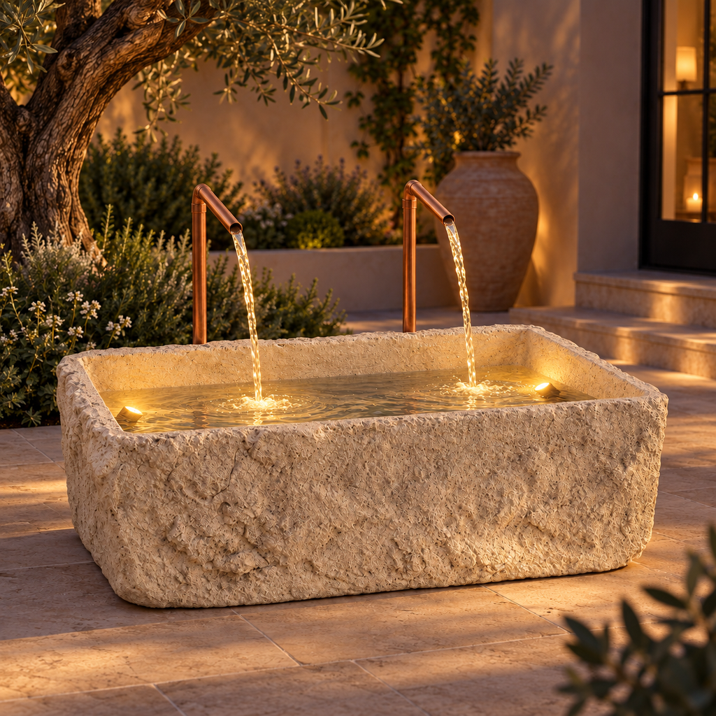 Petra Limestone-Finish Concrete Fountain with Twin Copper Spouts