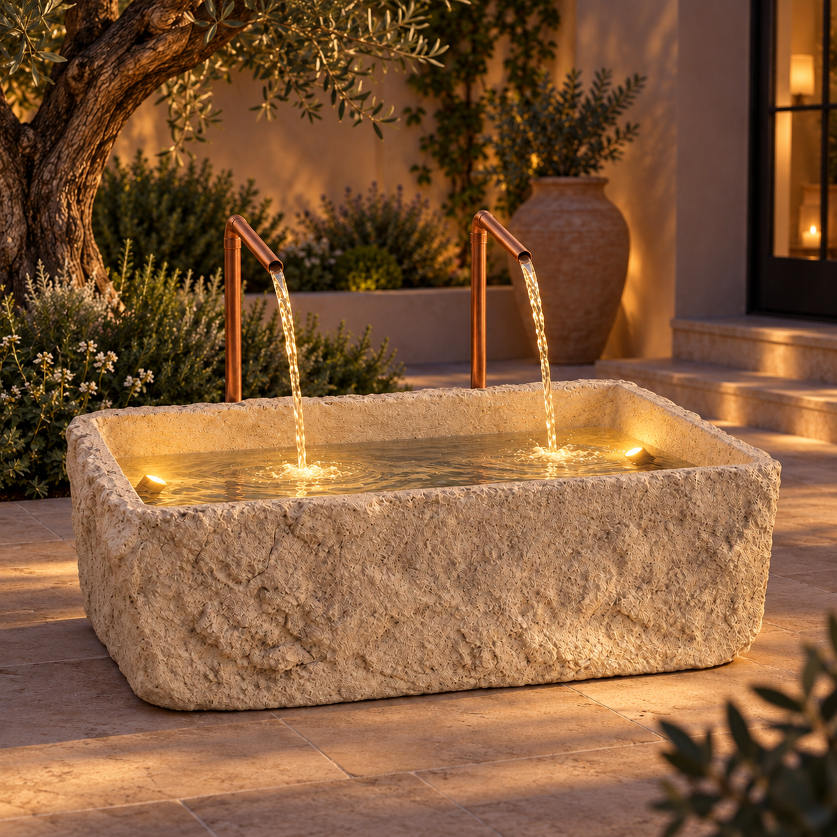 Petra Limestone-Finish Concrete Fountain with Twin Copper Spouts
