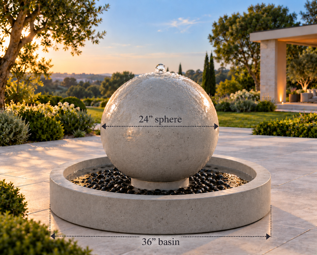 24" Concrete Sphere Fountain with 36" Round Basin