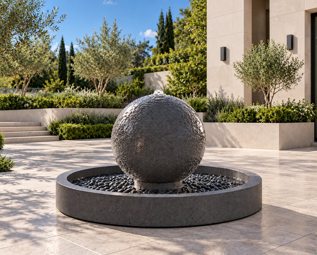24-Inch Concrete Sphere Fountain with 55-Inch Basin