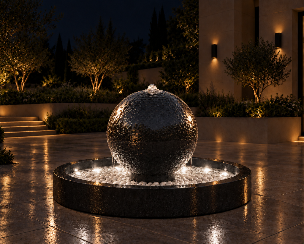 24-Inch Concrete Sphere Fountain with 55-Inch Basin