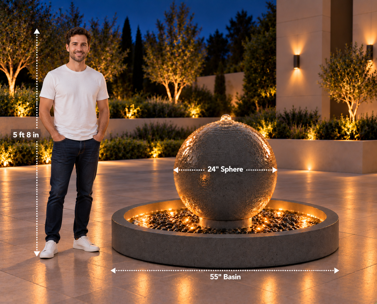 24-Inch Concrete Sphere Fountain with 55-Inch Basin