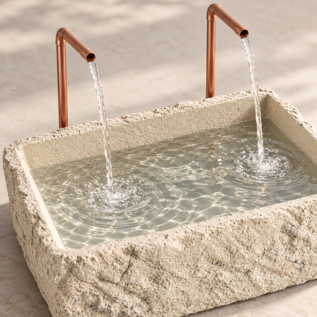 Petra Limestone-Finish Concrete Fountain with Twin Copper Spouts
