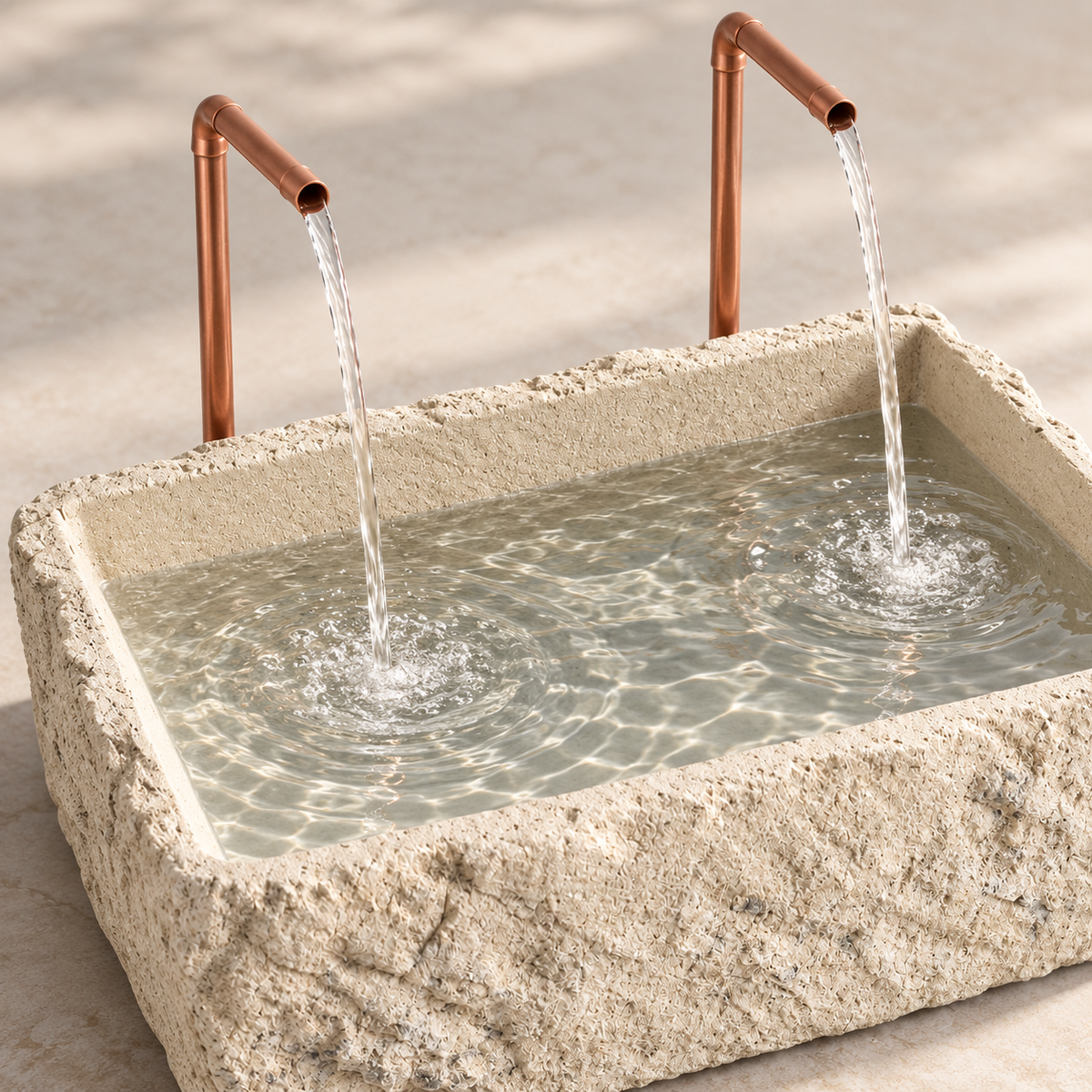 Petra Limestone-Finish Concrete Fountain with Twin Copper Spouts
