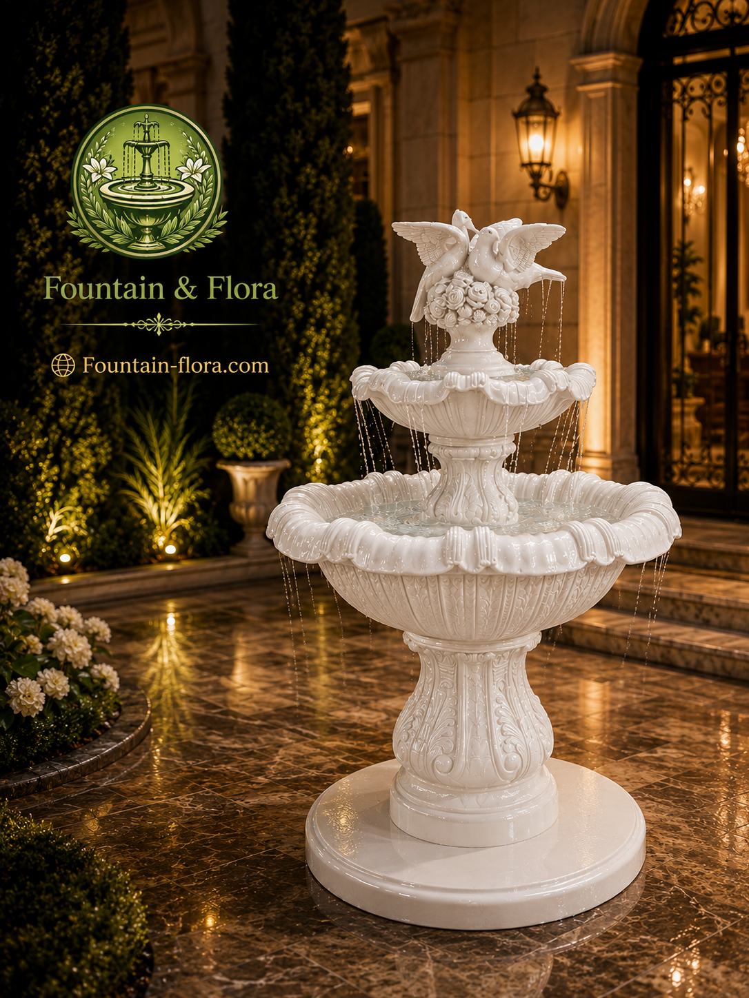 Elegant 2-Tiered Concrete Birds Fountain