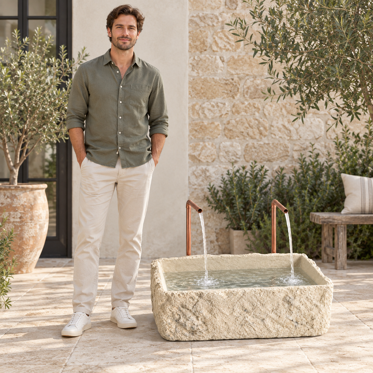 Petra Limestone-Finish Concrete Fountain with Twin Copper Spouts