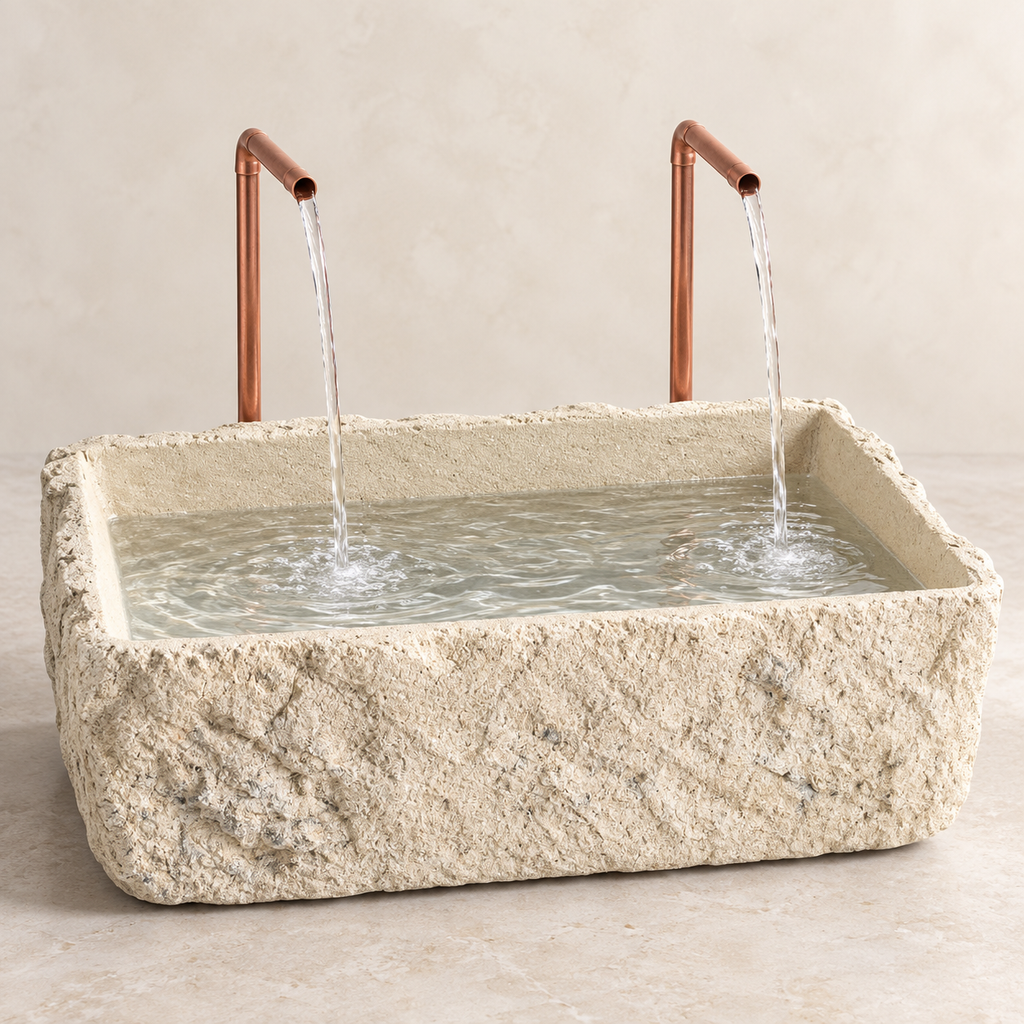 Petra Limestone-Finish Concrete Fountain with Twin Copper Spouts