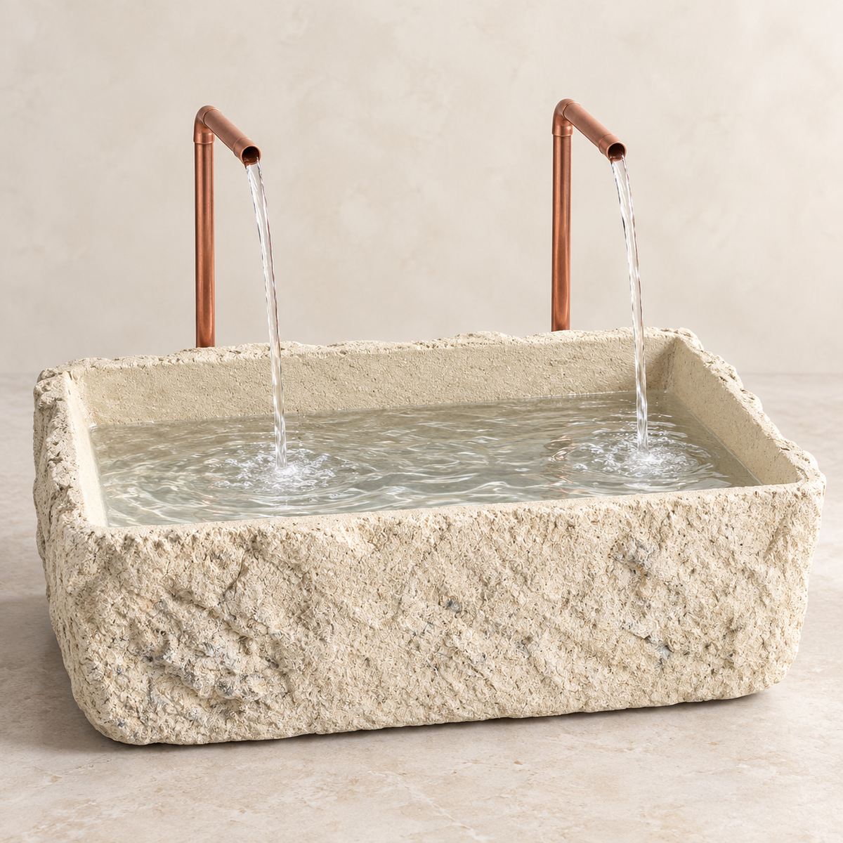 Petra Limestone-Finish Concrete Fountain with Twin Copper Spouts