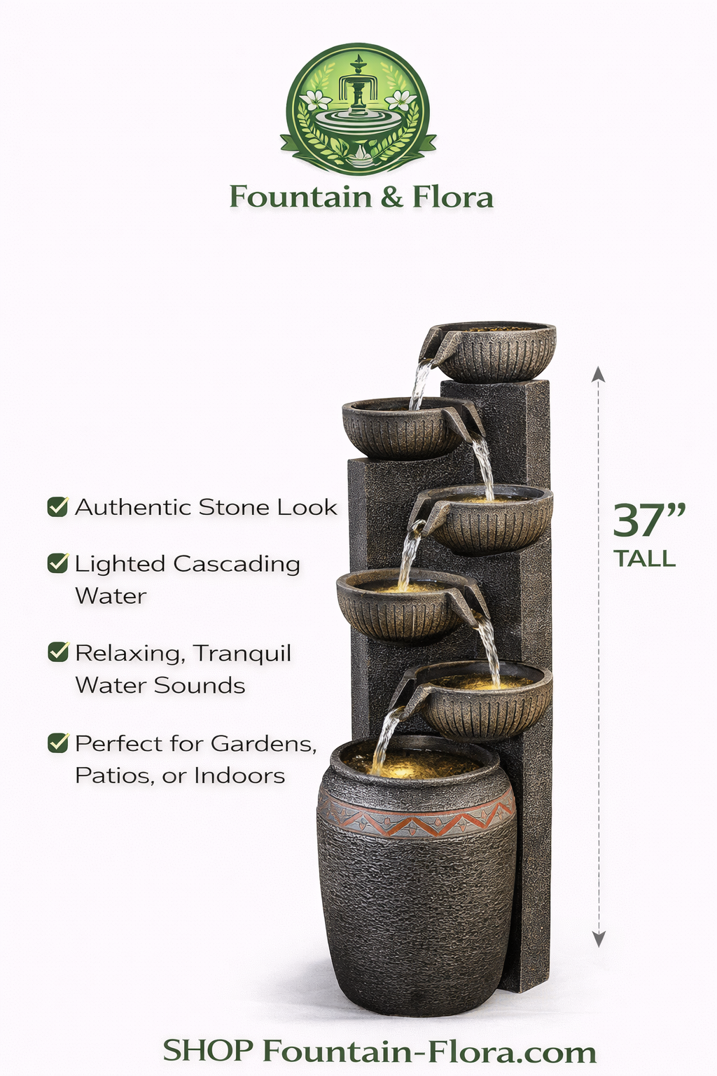 Modern Tiered Waterfall Fountain – Outdoor Luxury Feature (37”)
