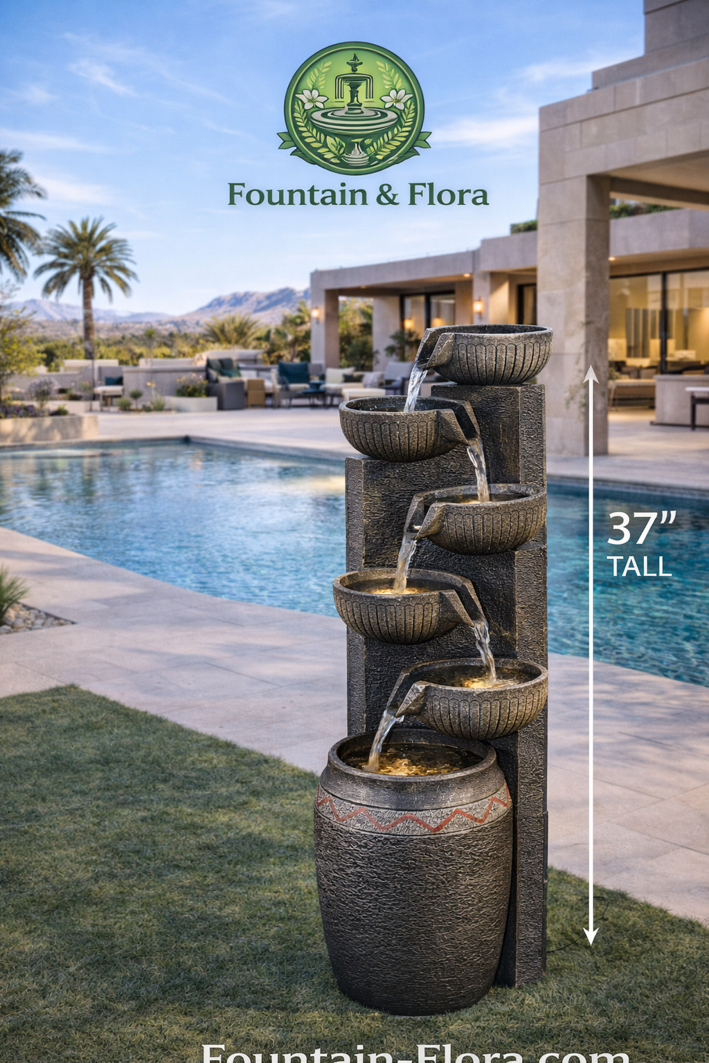 Modern Tiered Waterfall Fountain – Outdoor Luxury Feature (37”)