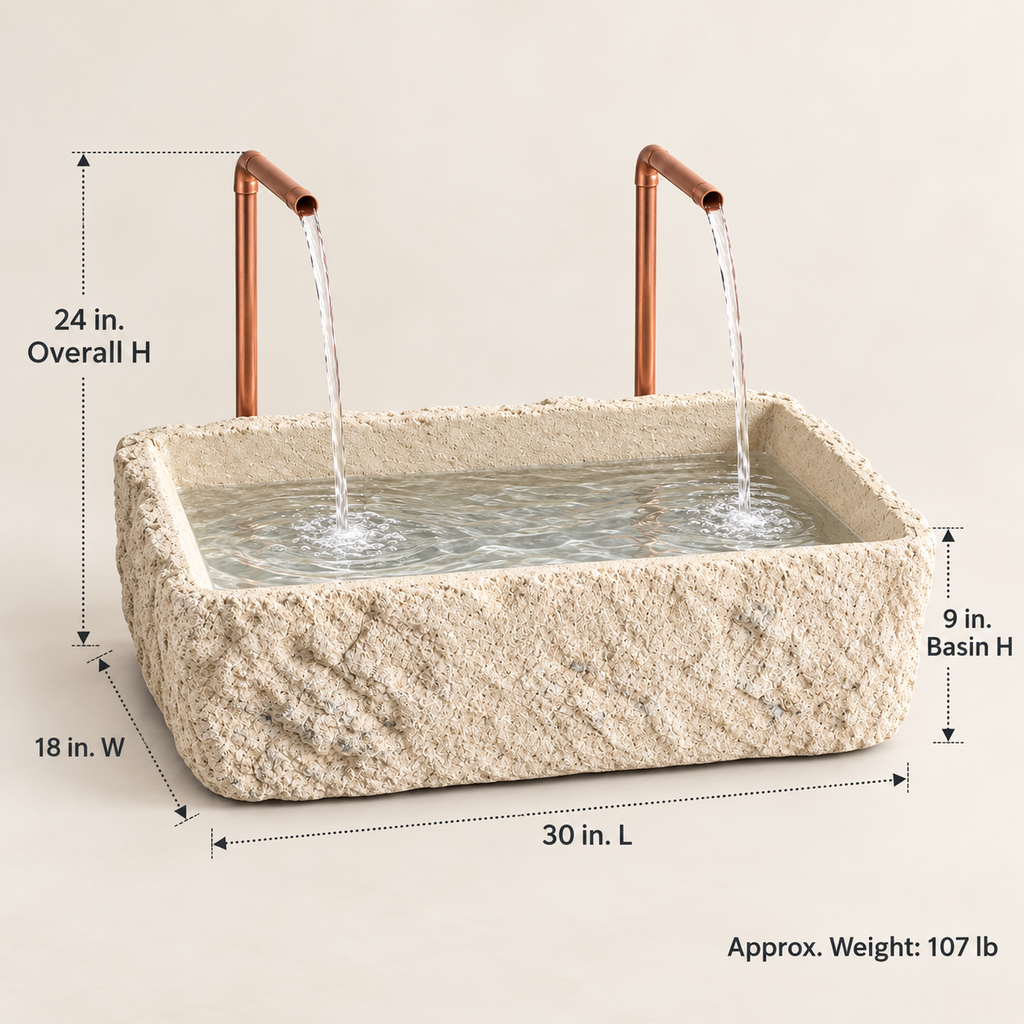 Petra Limestone-Finish Concrete Fountain with Twin Copper Spouts