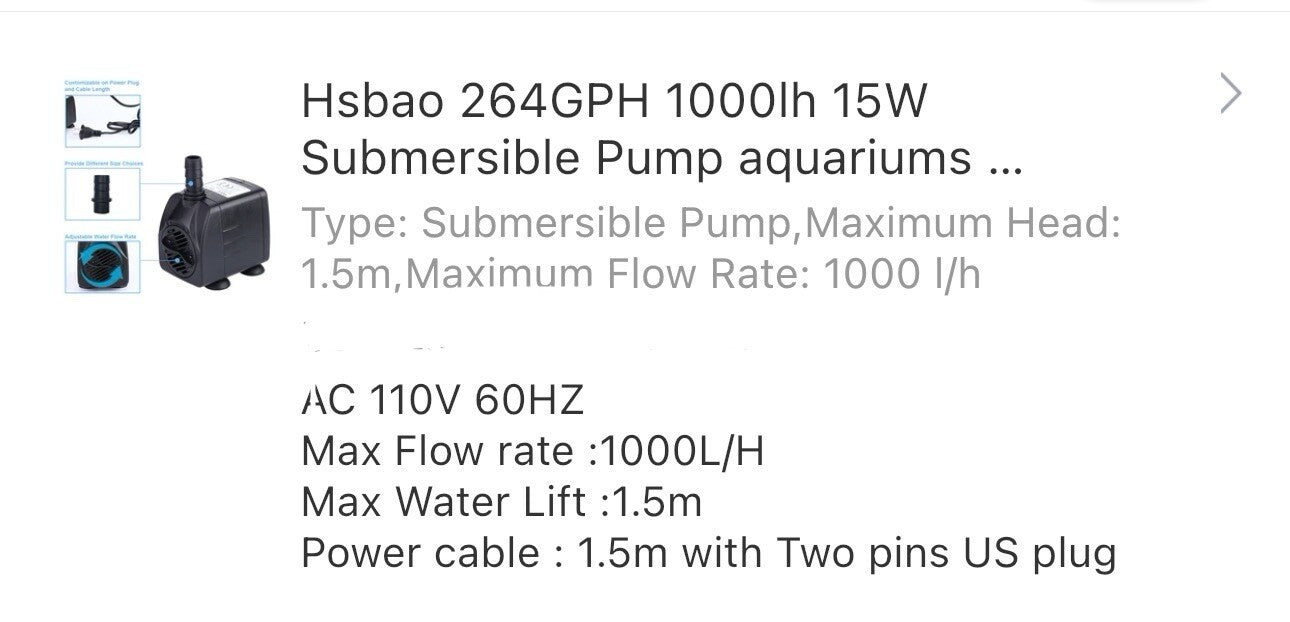 Submersible Water Pump 1000 LH 264 GPH 120V for Aquarium and Pond And Fountains