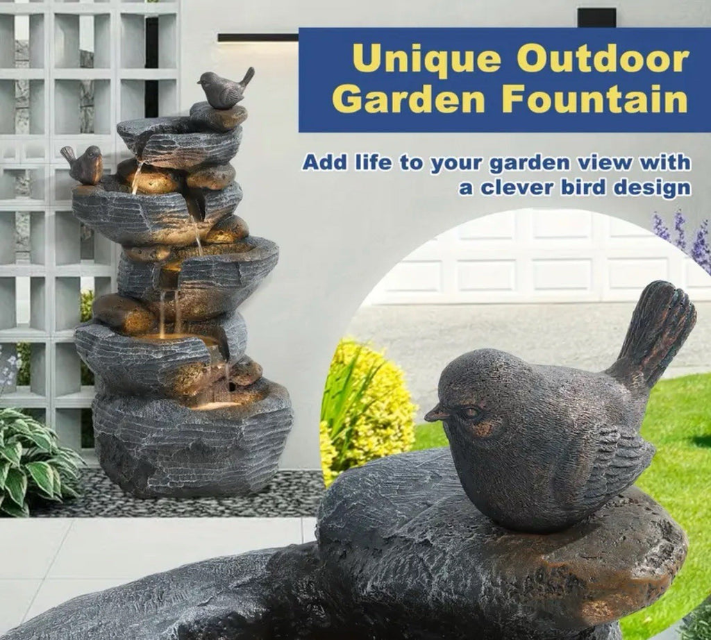 5- Tier Outdoor Fountain Bird Water With Pump, Weather-Resistant Resin