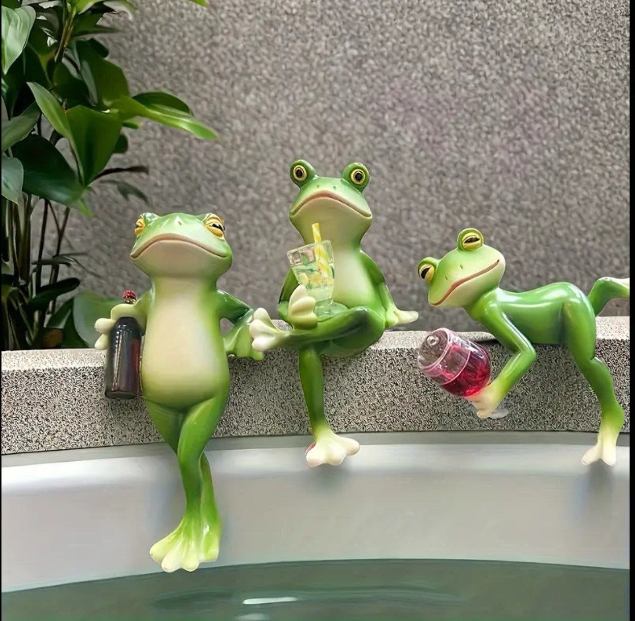 3 Frogs with Drinks Resin Sculptures