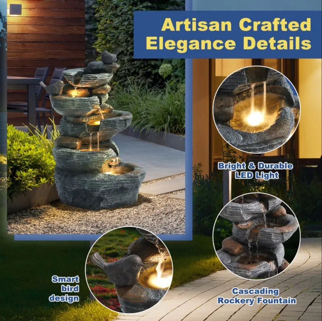 5- Tier Outdoor Fountain Bird Water With Pump, Weather-Resistant Resin