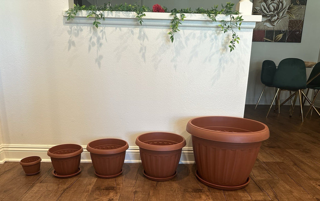 5 Pieces Resin Planter Set With Matching Saucers - Durable And Lightweight