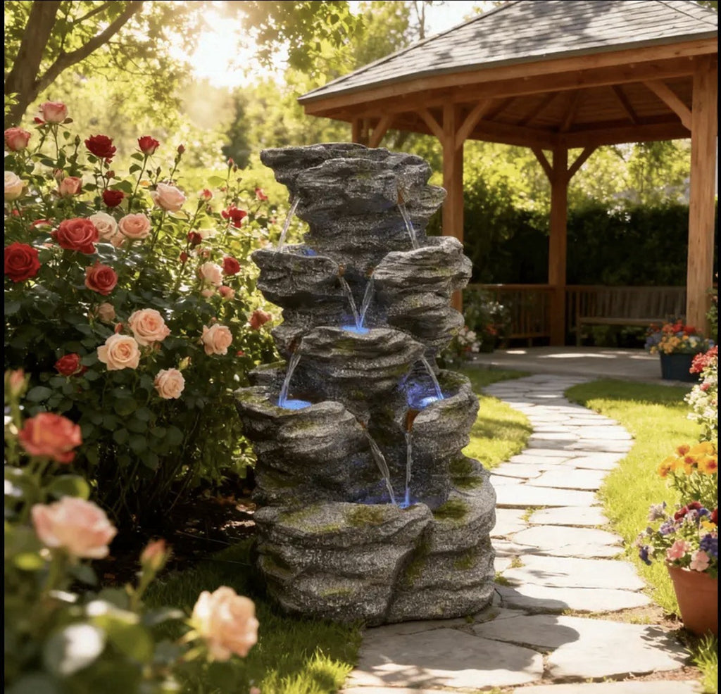 Fountain Modern, 7 Tiers Cascading Outdoor Indoor  Fountain With LED Lights