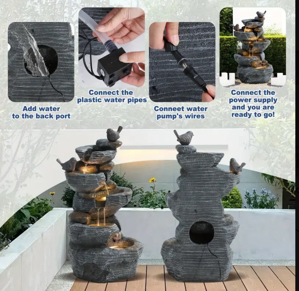 5- Tier Outdoor Fountain Bird Water With Pump, Weather-Resistant Resin