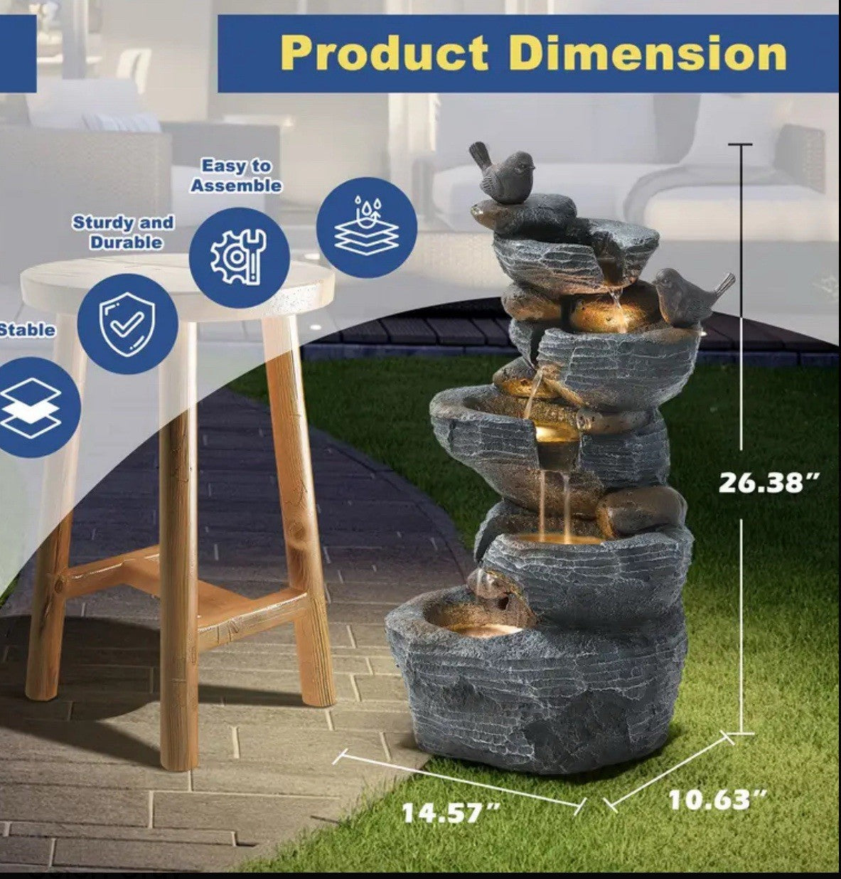 5- Tier Outdoor Fountain Bird Water With Pump, Weather-Resistant Resin