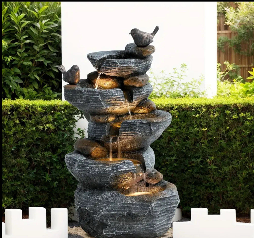 5- Tier Outdoor Fountain Bird Water With Pump, Weather-Resistant Resin