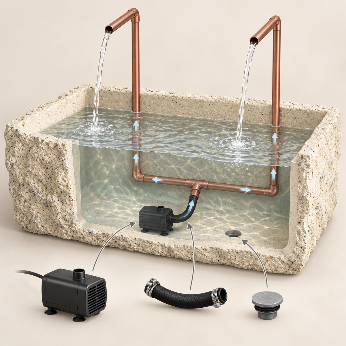 Petra Limestone-Finish Concrete Fountain with Twin Copper Spouts