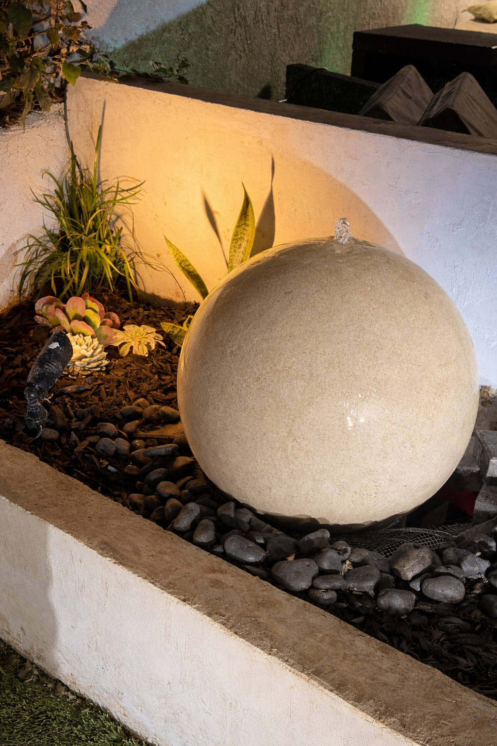 30” Concrete Sphere Fountain – Modern Outdoor Water Feature