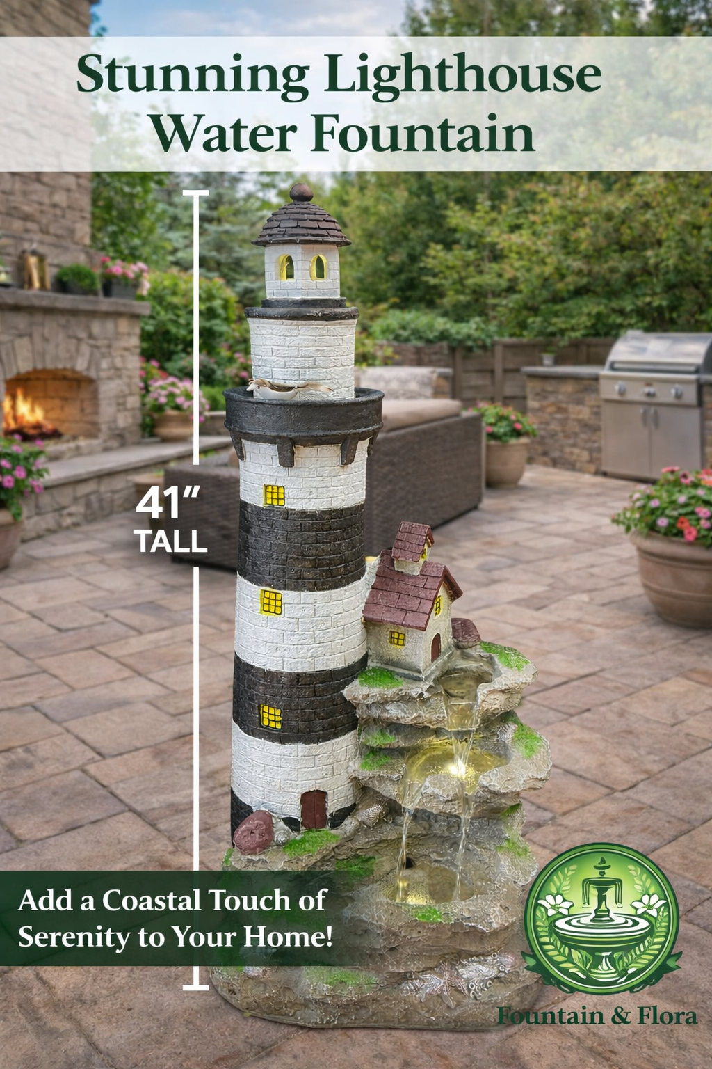 Lighthouse Water Fountain – Coastal Outdoor Decorative Feature (41”)