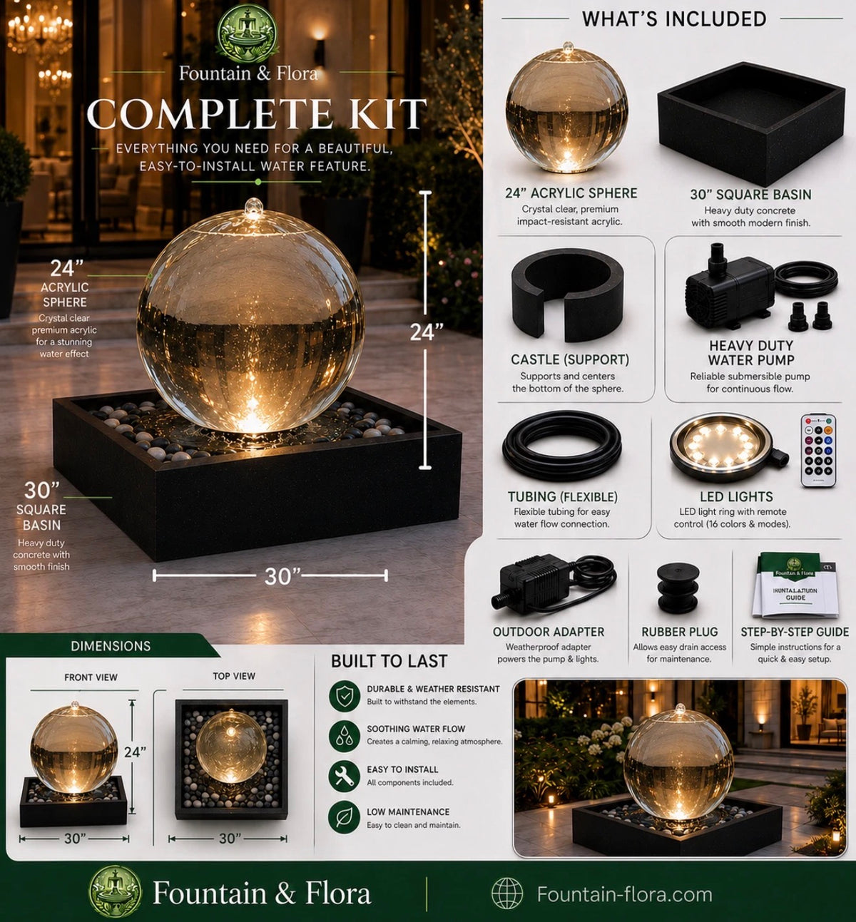 24” Crystal-Clear Acrylic Sphere Fountain with 30” Square Basin – Complete Kit