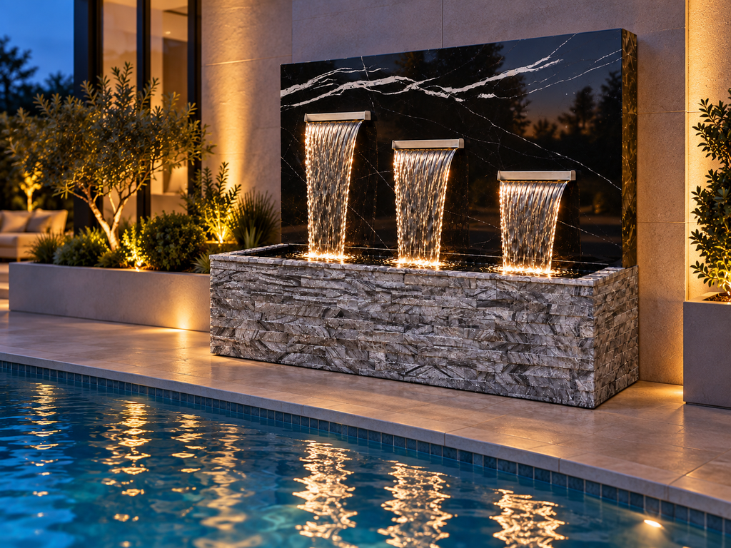 Calcutta Gold Onyx Concrete Waterfall Fountain – Luxury 3-Spout Water Feature