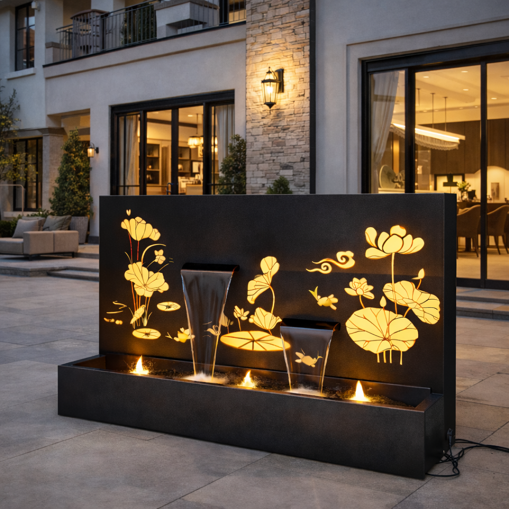 Laser-Cut Steel Wall Water Fountain – 4 ft x 6 ft | Custom Design
