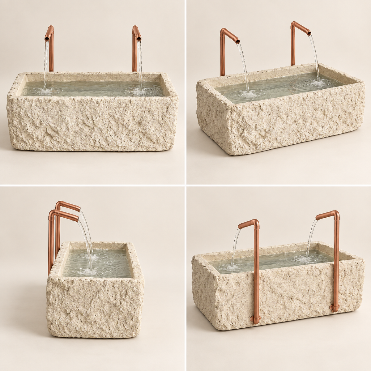 Petra Limestone-Finish Concrete Fountain with Twin Copper Spouts