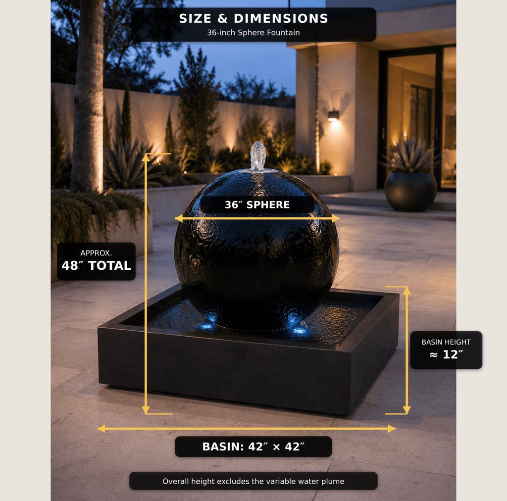 Luxurious 36″ Sphere Fountain with Visible Basin – Complete Indoor/Outdoor Kit