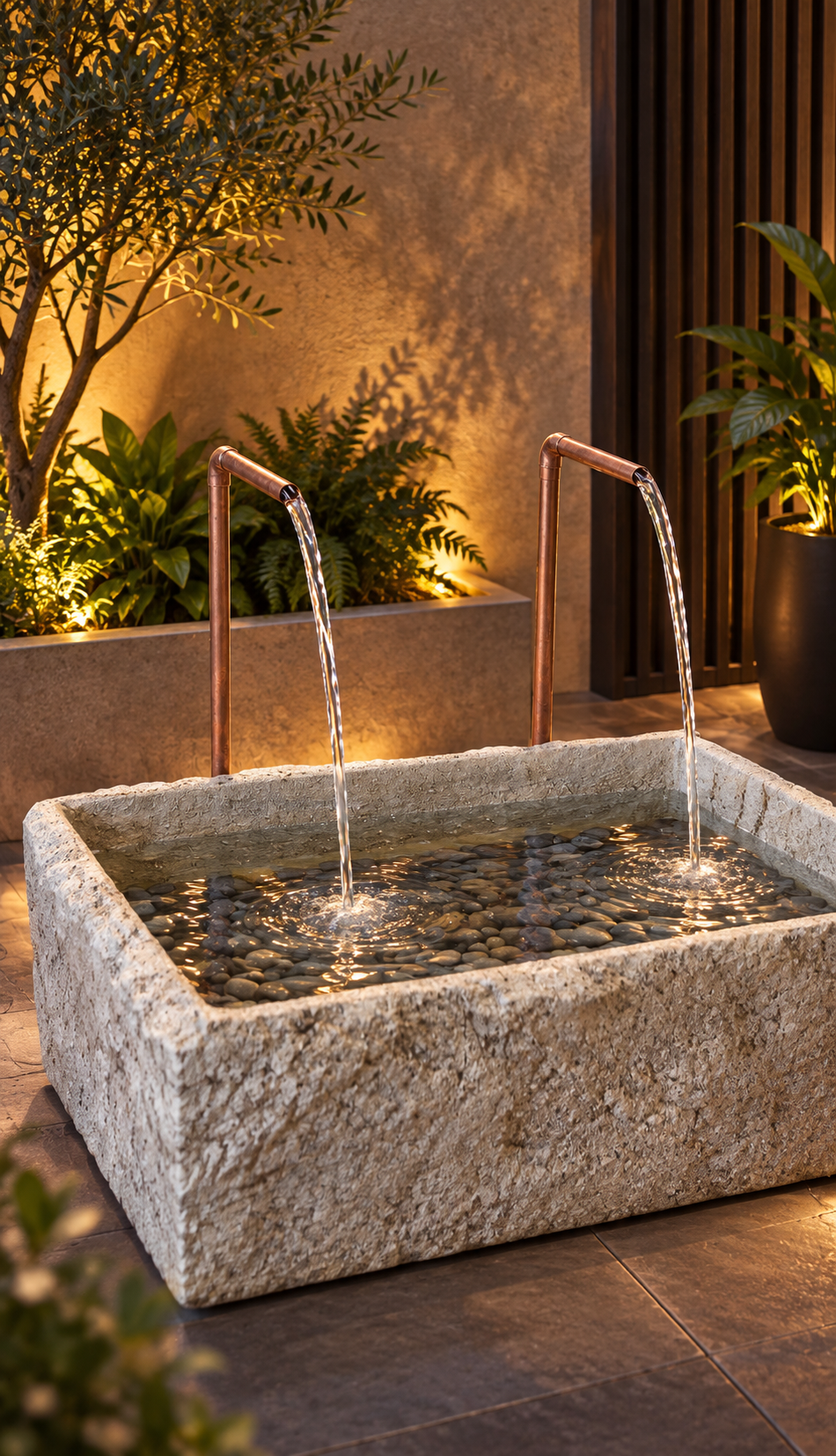 Petra Limestone-Finish Concrete Fountain with Twin Copper Spouts
