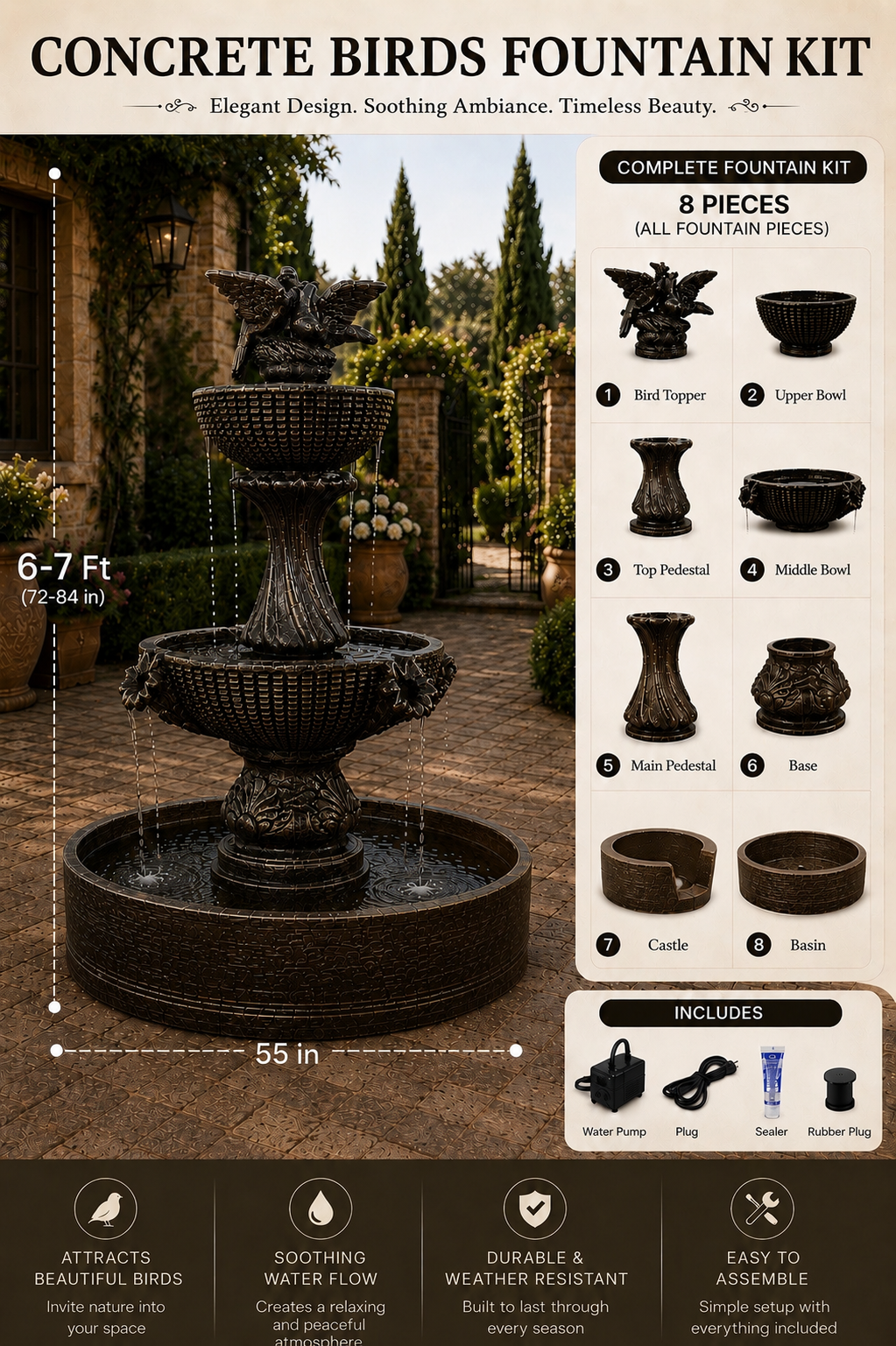 Elegant Concrete Birds Fountain 6-7 ft