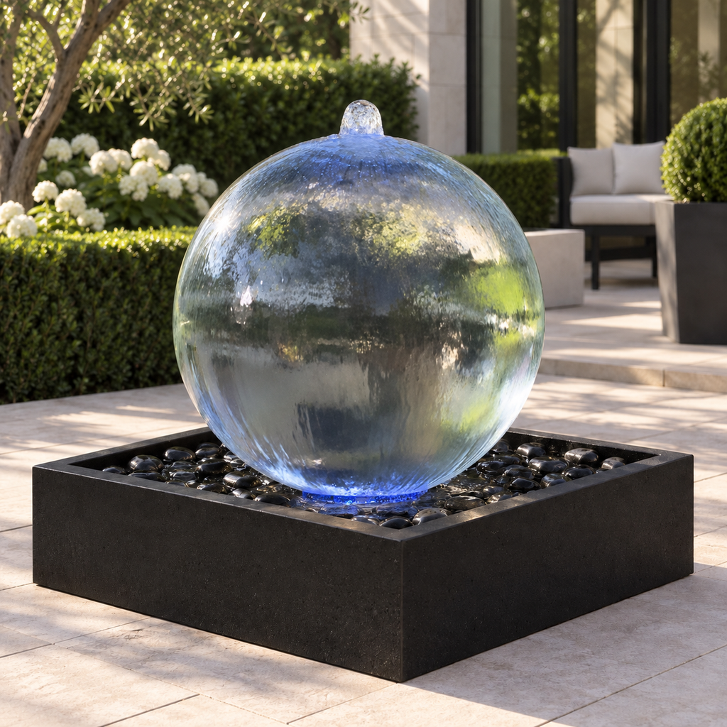 24” Crystal-Clear Acrylic Sphere Fountain with 30” Square Basin – Complete Kit