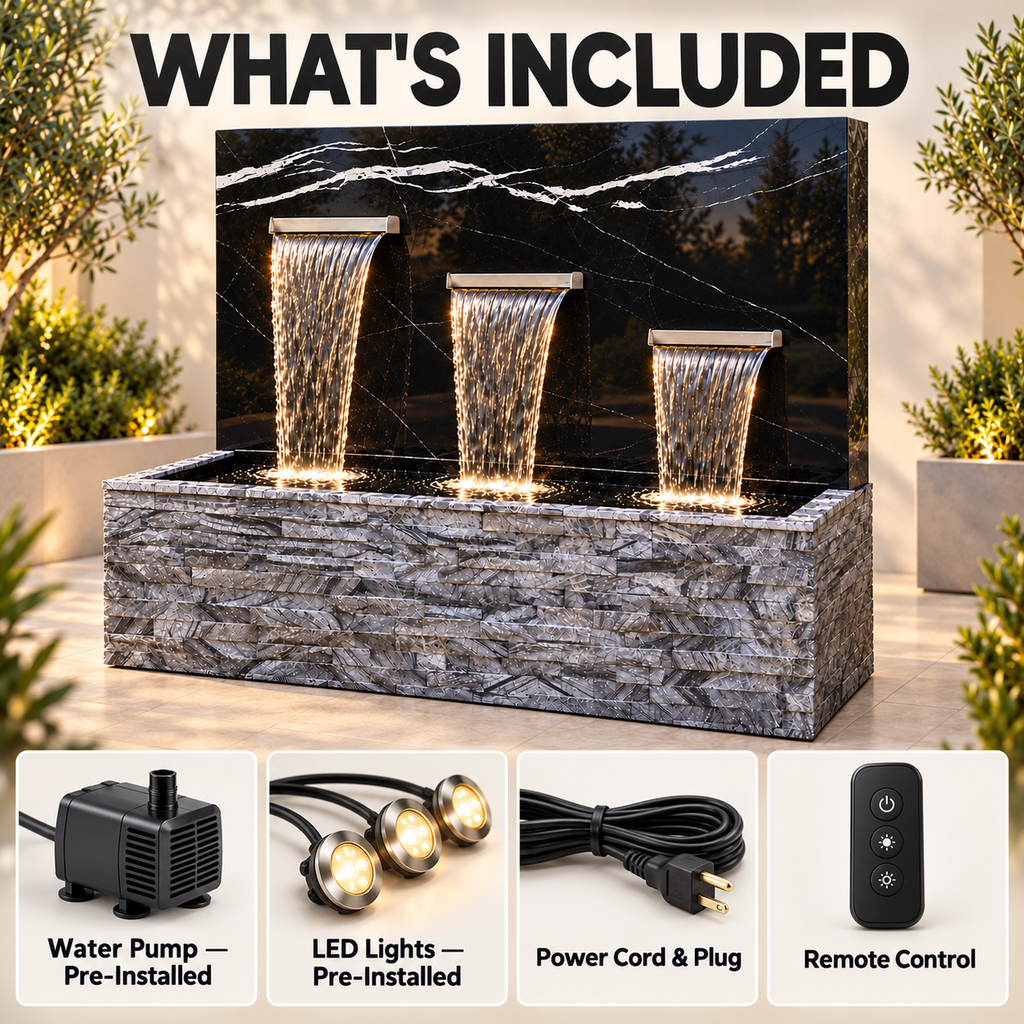 Calcutta Gold Onyx Concrete Waterfall Fountain – Luxury 3-Spout Water Feature