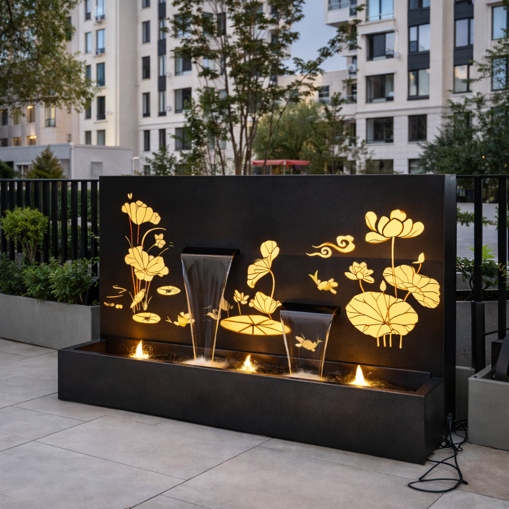 Laser-Cut Steel Wall Water Fountain – 4 ft x 6 ft | Custom Design