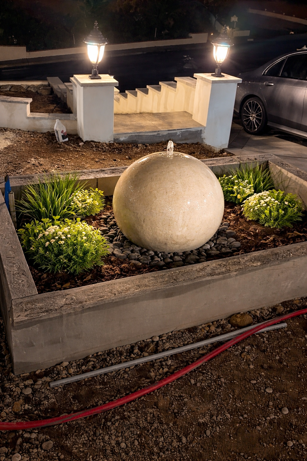 30” Concrete Sphere Fountain – Modern Outdoor Water Feature