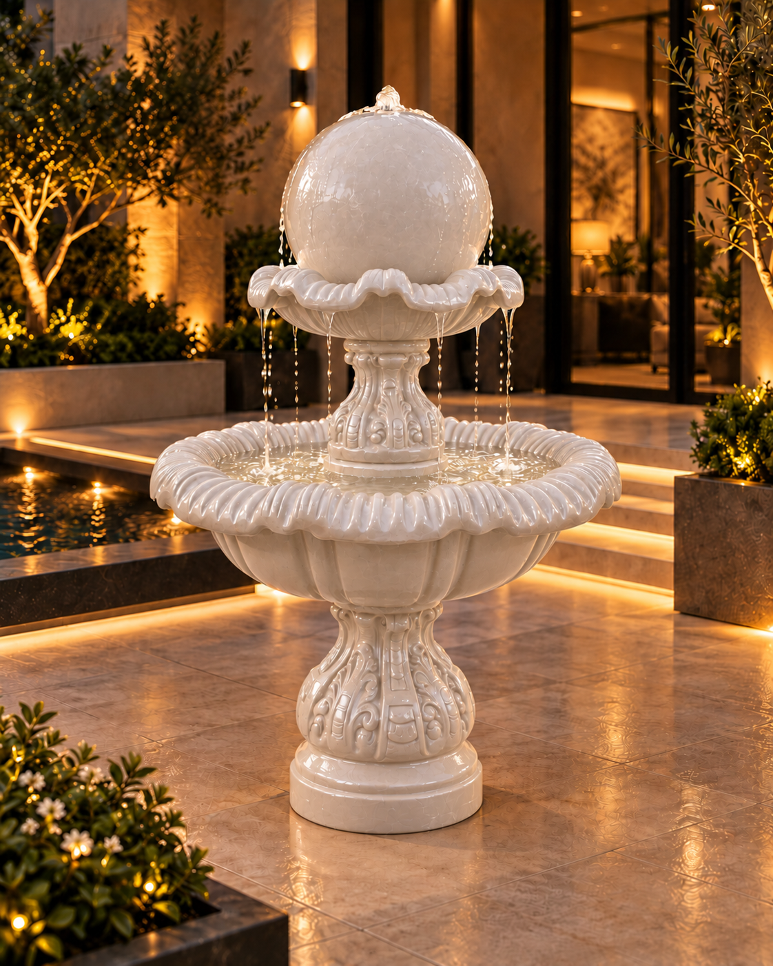Luxury Two-Tier Sphere Fountain – Concrete Water Feature