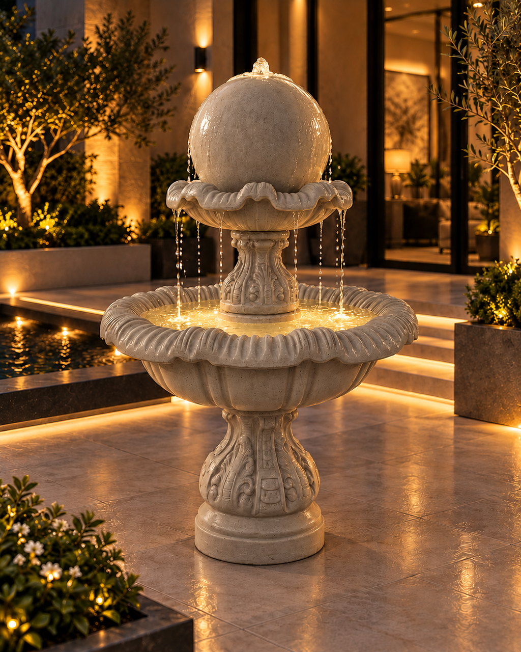 Luxury Two-Tier Sphere Fountain – Concrete Water Feature