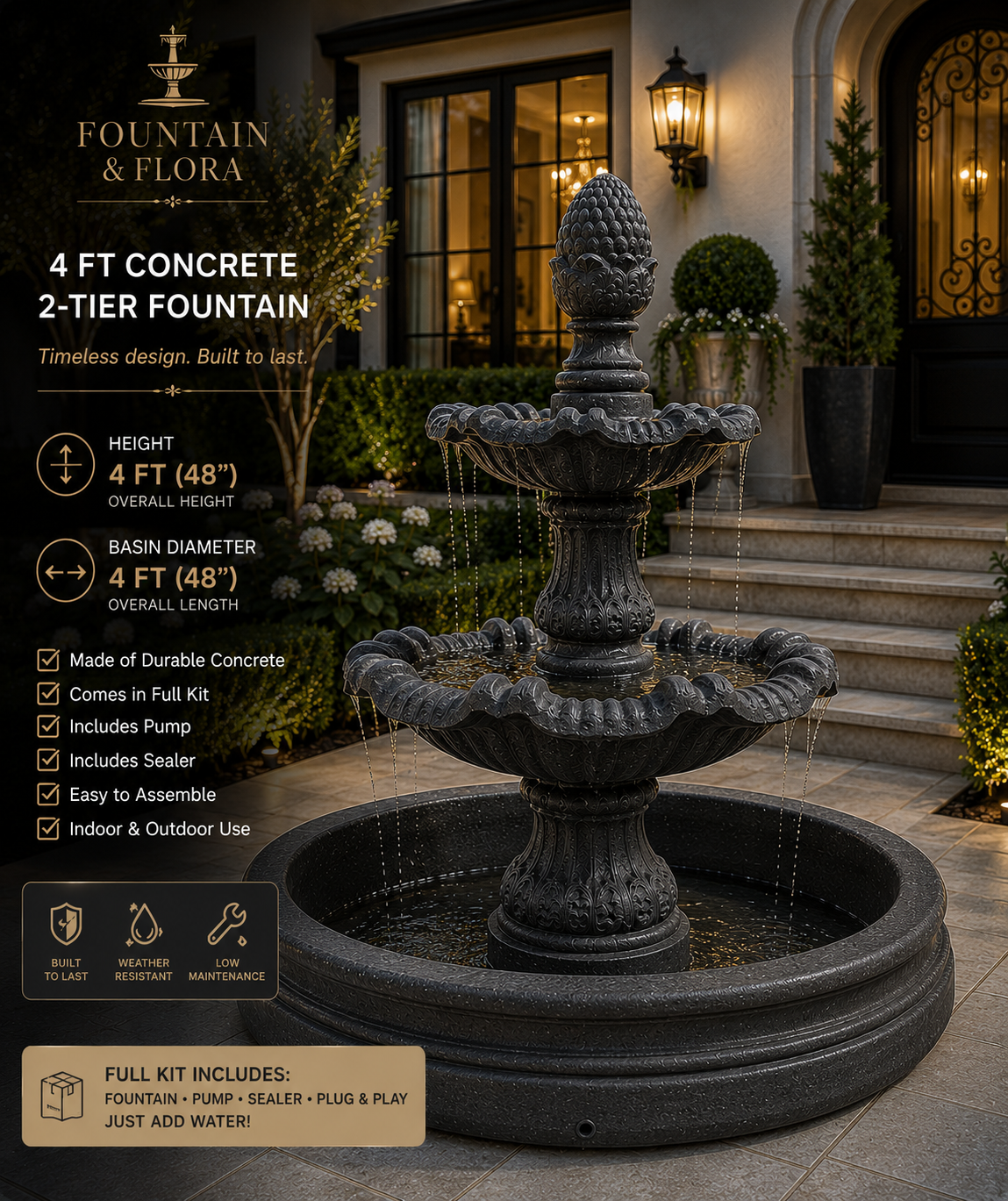 4 FT Two-Tier Concrete Fountain | customizable color | Complete Water Feature kit