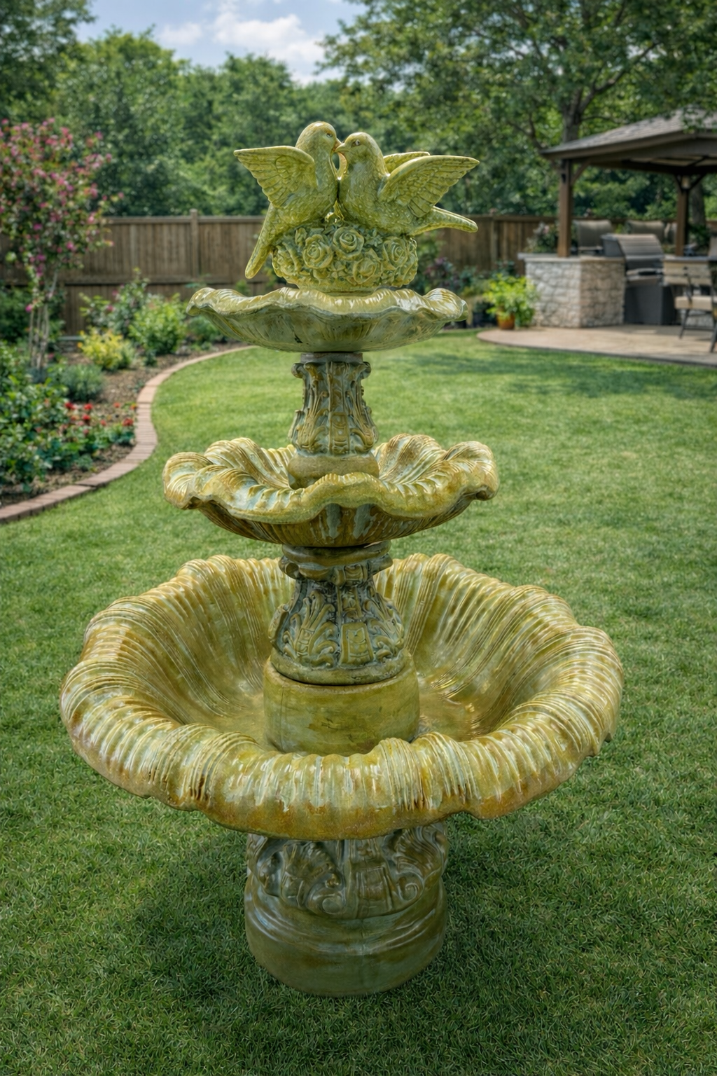 Classic Three-Tier Concrete Fountain with Dove Birds