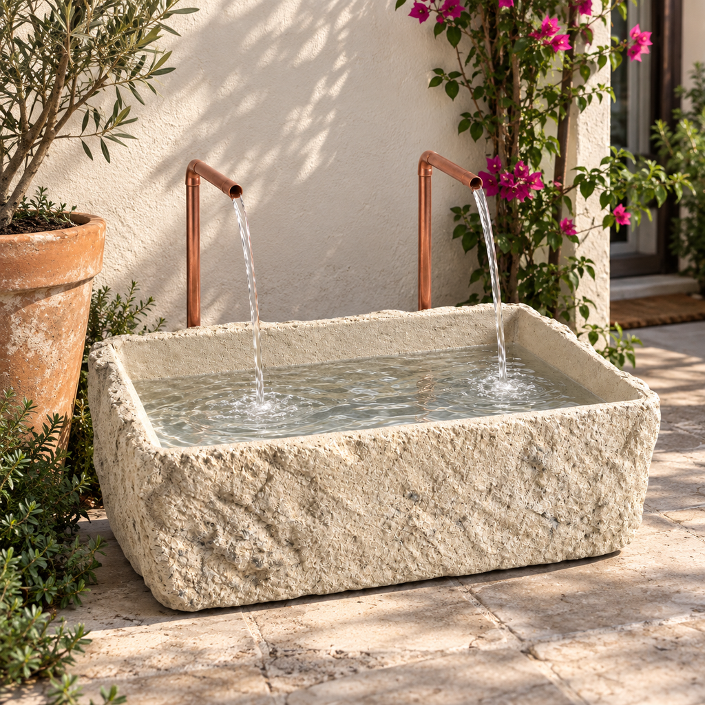 Petra Limestone-Finish Concrete Fountain with Twin Copper Spouts