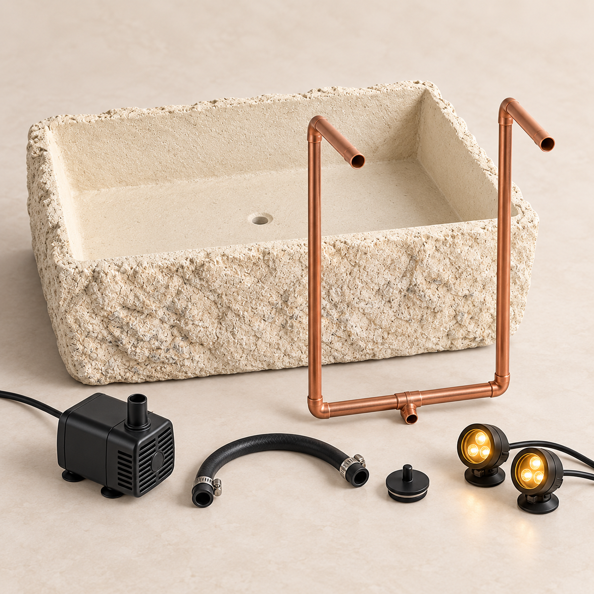 Petra Limestone-Finish Concrete Fountain with Twin Copper Spouts