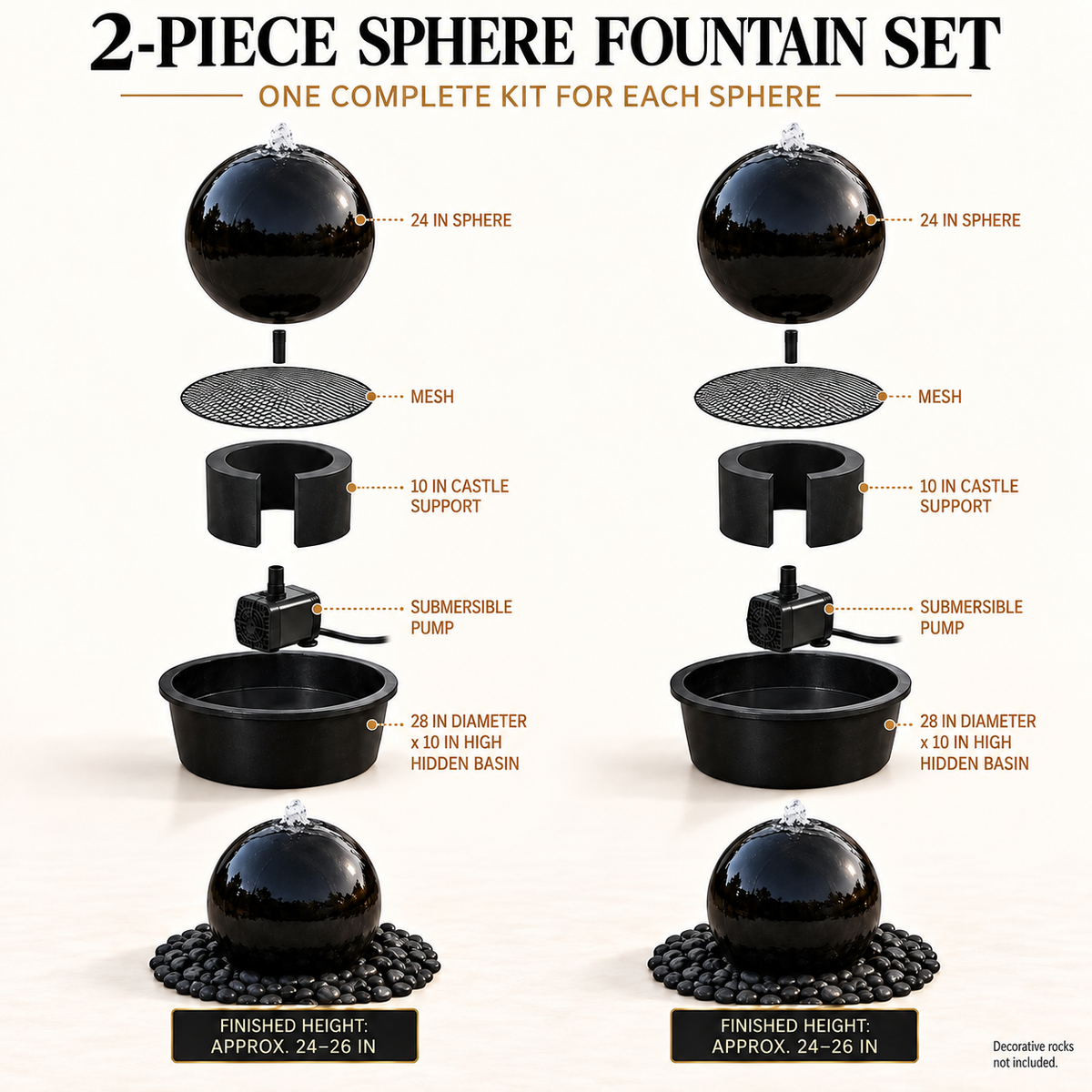 Fuente esférica de hormigón de 24" (juego de 2) - Característica de agua para exteriores